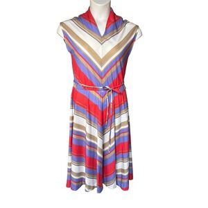 VTG 80s Dress Multicolor Stripe Print Full Skirt Sz 10 Hippie Festival